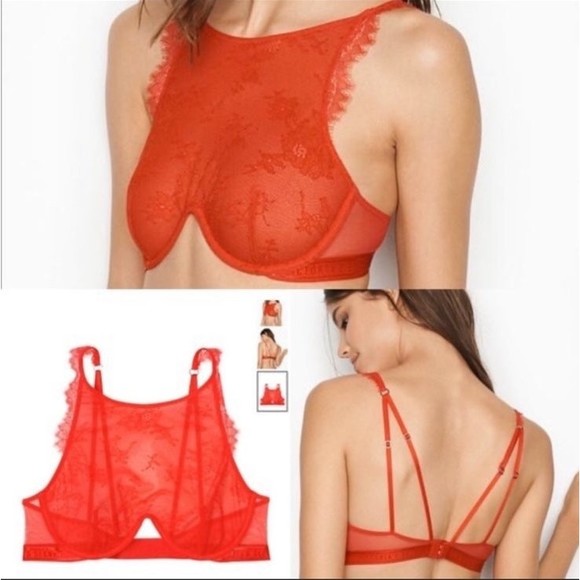 32C•Victoria’s Secret Red lace crochet High Neck Halter Bra - Picture 7 of 8
